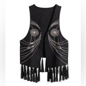 H&M embroidered black vest with fringe tassels